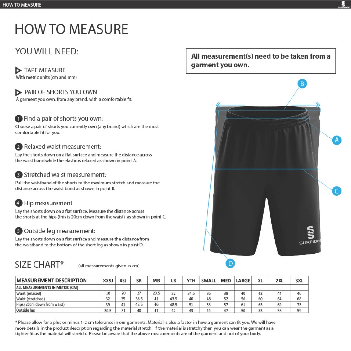 PADGATE ACADEMY FUSE PE SHORTS - Size Guide