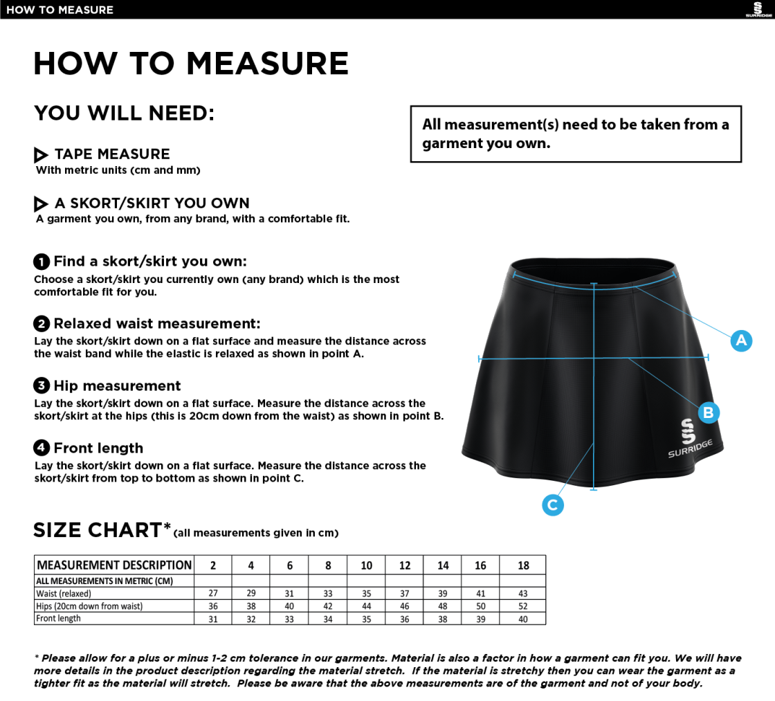 Padgate Academy School Skort - Size Guide