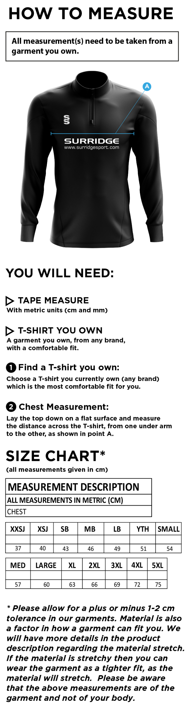 PADGATE ACADEMY Performance Top - Size Guide